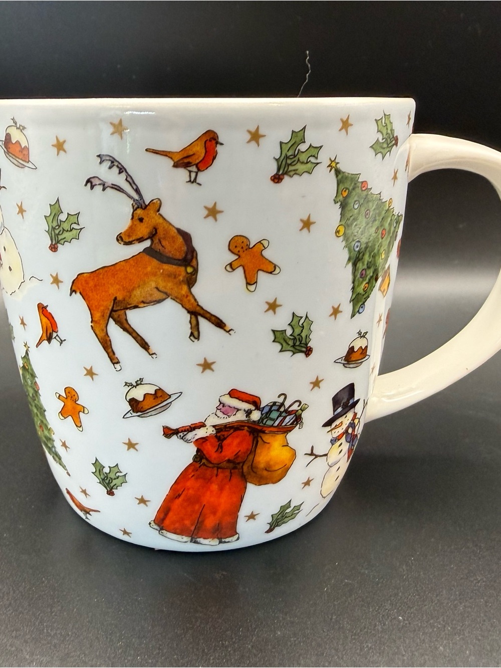 Festive Christmas Santa & Reindeer Holiday Mug - White with Red & Green